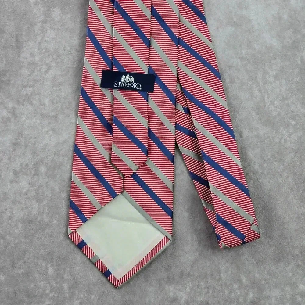 Stafford Red Blue Silver Stripe Repp Geometric 100% Silk Men's Neck‎ Tie NWOT